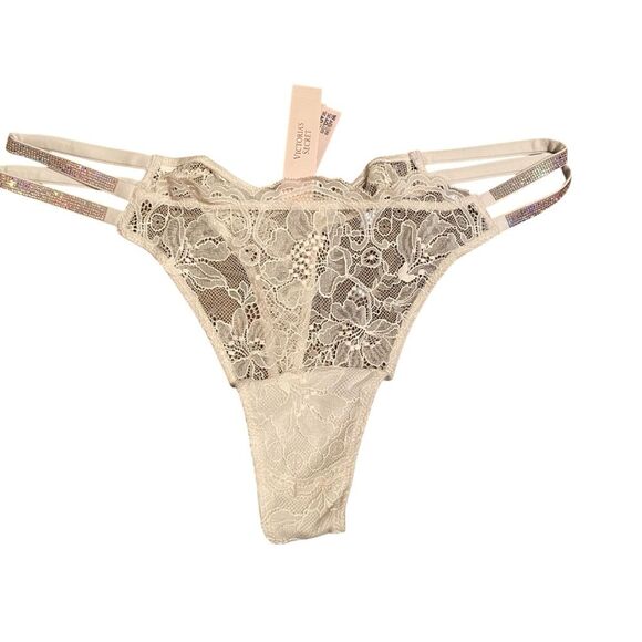 Victoria’s Secret Women’s L Double Shine‎ Rhinestone Strap Lace Thong White New - Picture 4 of 8